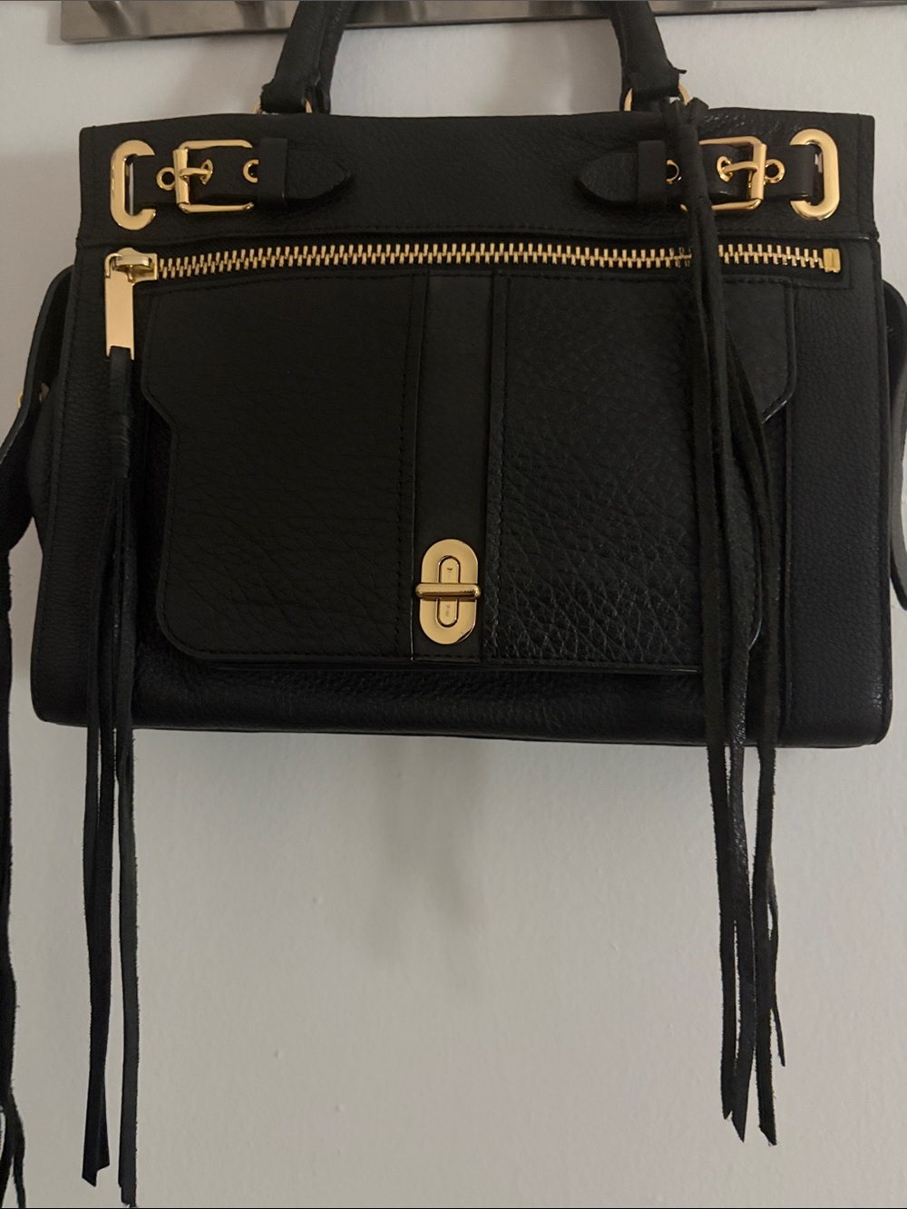 Rebecca Minkoff Pebbled Black Leather Handbag W/ Crossbody Strap & Gold Hardware - Picture 2 of 15